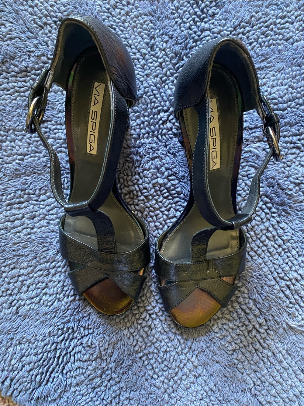 Via Spiga Black Leather T-Strap Heels